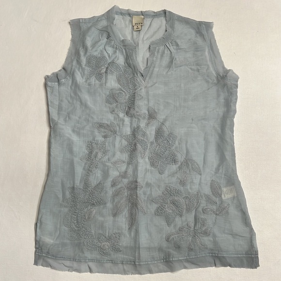 Ecru Baby Blue Embroidered Sleeveless Top - Picture 3 of 6